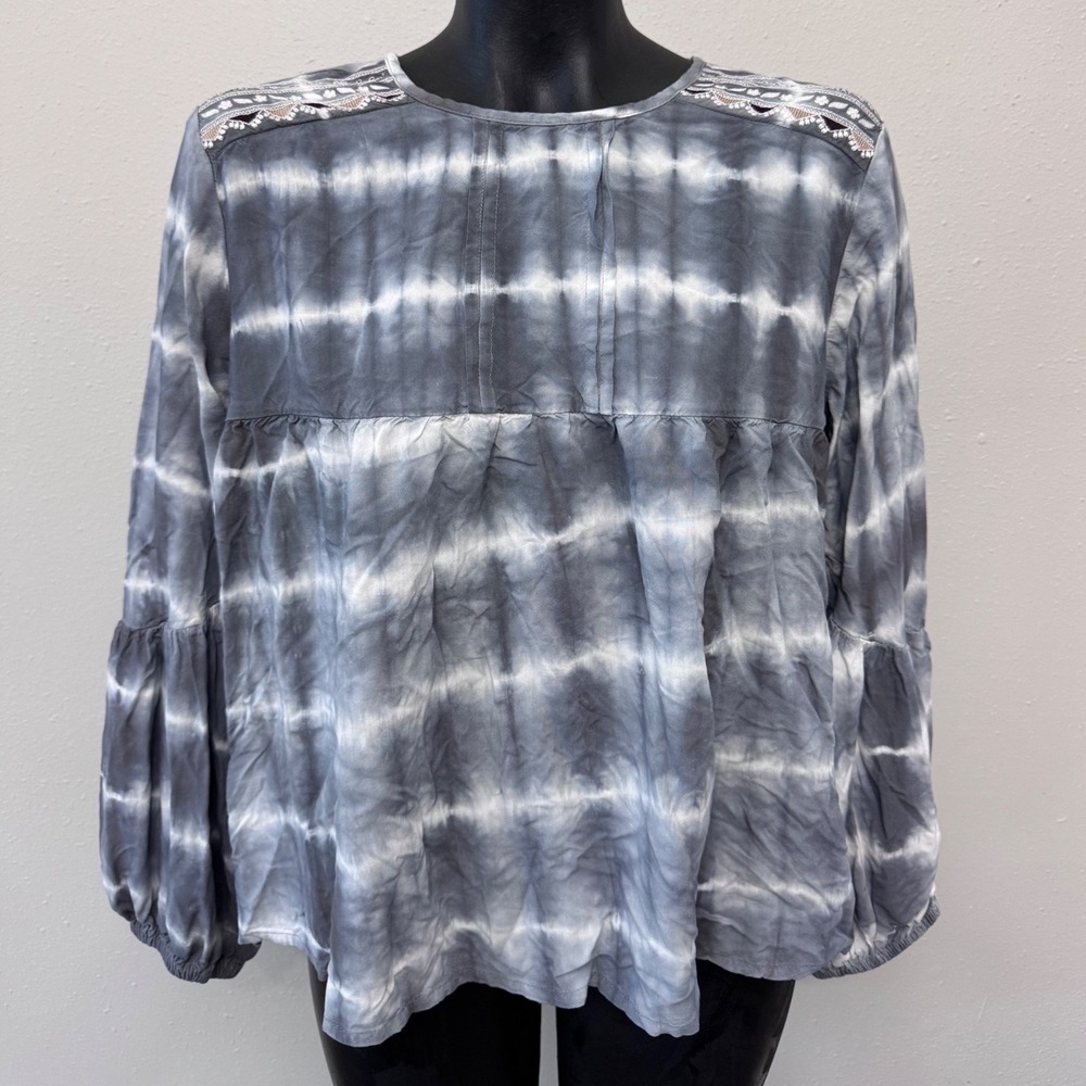 Buda Jeans Co Womens Babydoll Top Sz L Gray TieDye Embroidered Boho Fairy Grunge